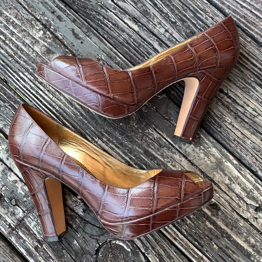 Vince Camuto Imagine All Leather Brown Scale Print Platform Stiletto